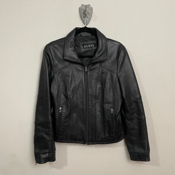 Guess L black genuine leather jacket collared zipper classic punk biker - Picture 1 of 9